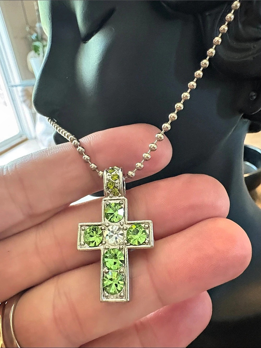 Gorgeous Green Jeweled Cross Pendant Necklace